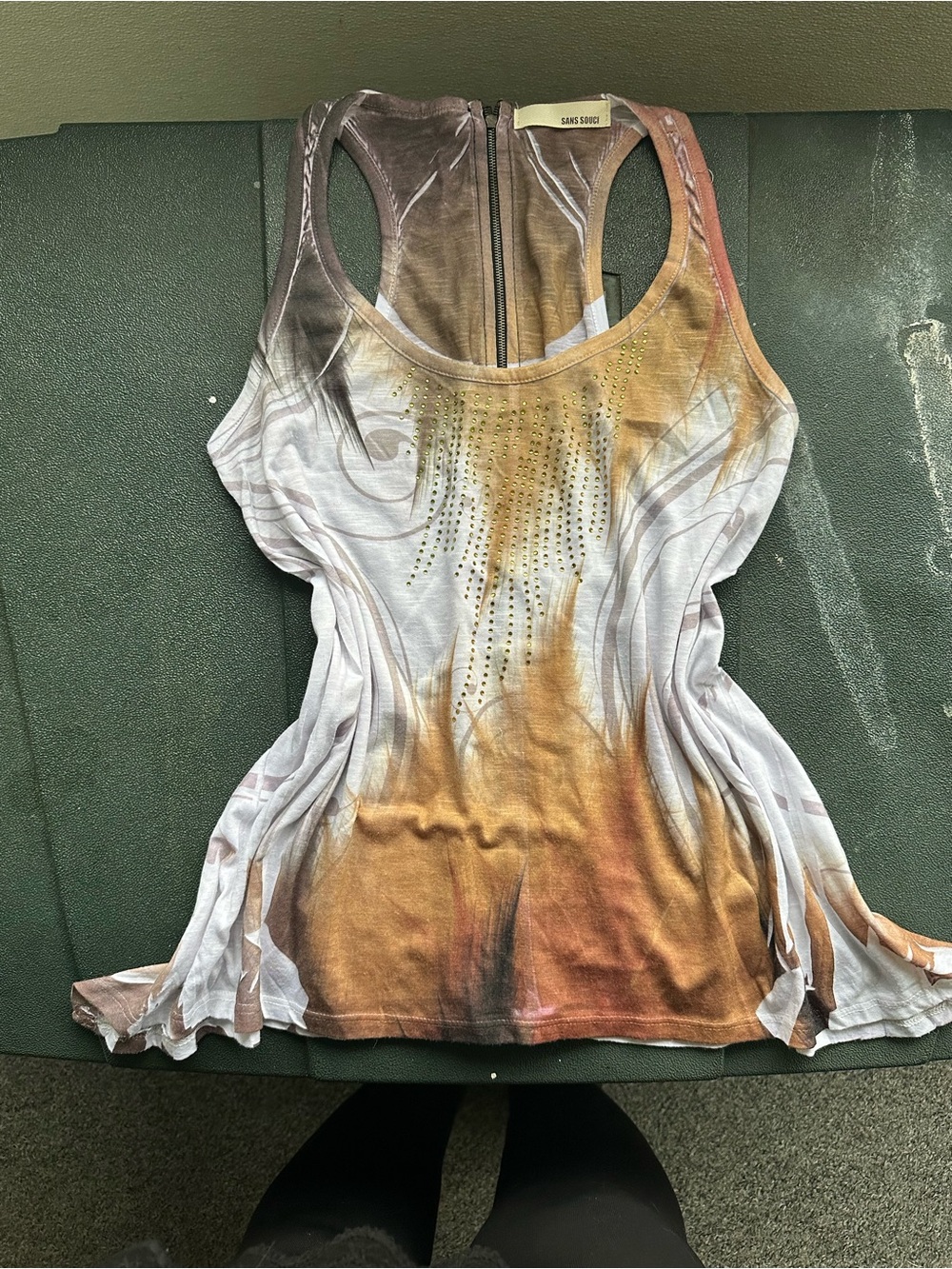Sans Souci Brown and Cream Tie-Dye Racerback Tank with Stud Accents